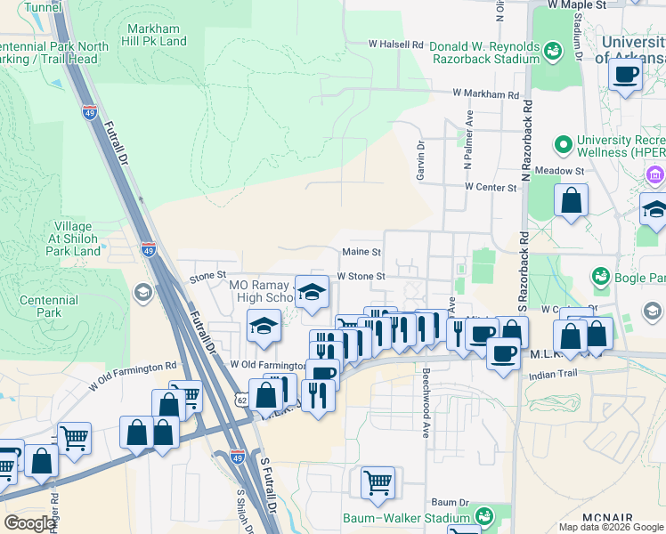 map of restaurants, bars, coffee shops, grocery stores, and more near 2108 W Stone St in Fayetteville
