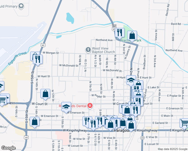 map of restaurants, bars, coffee shops, grocery stores, and more near 500 North 6 1/2 Street in Paragould