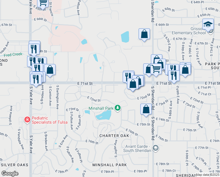 map of restaurants, bars, coffee shops, grocery stores, and more near 7119 South Joplin Avenue in Tulsa