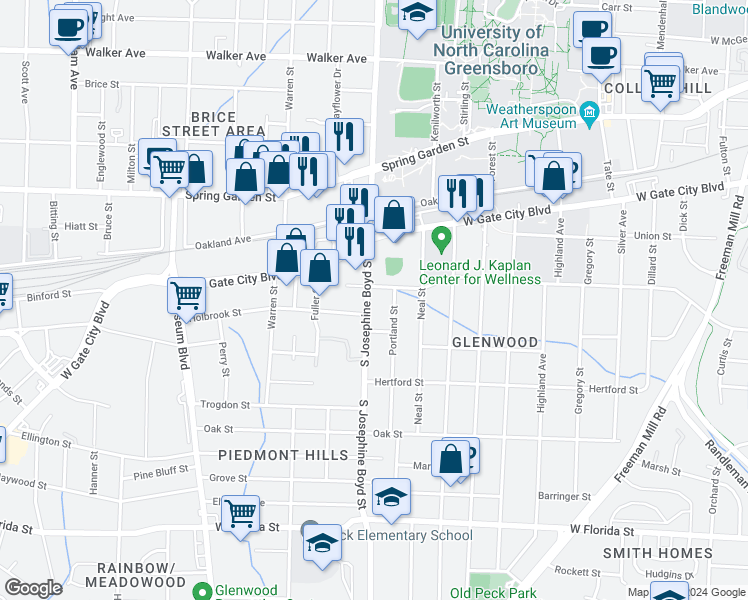 map of restaurants, bars, coffee shops, grocery stores, and more near 905 South Aycock Street in Greensboro
