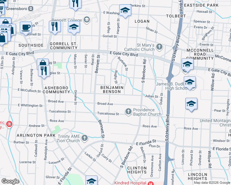 map of restaurants, bars, coffee shops, grocery stores, and more near in Greensboro