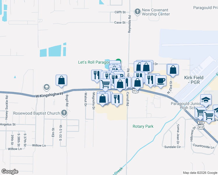 map of restaurants, bars, coffee shops, grocery stores, and more near 2761 West Kings Highway in Paragould