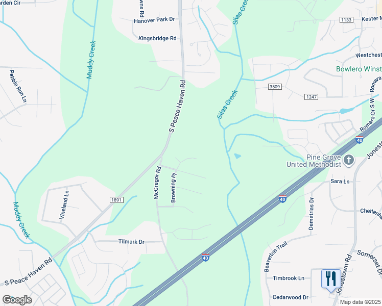 map of restaurants, bars, coffee shops, grocery stores, and more near 578 Browning Place in Winston-Salem