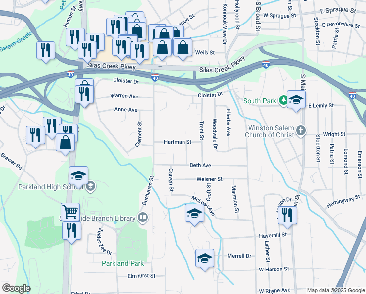 map of restaurants, bars, coffee shops, grocery stores, and more near 2906 Cockerham Street in Winston-Salem