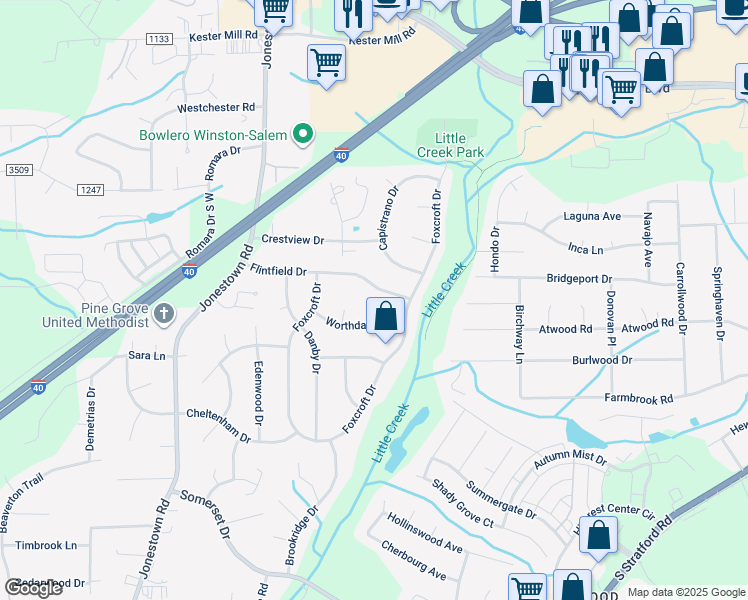 map of restaurants, bars, coffee shops, grocery stores, and more near 138 Flintfield Dr in Winston-Salem