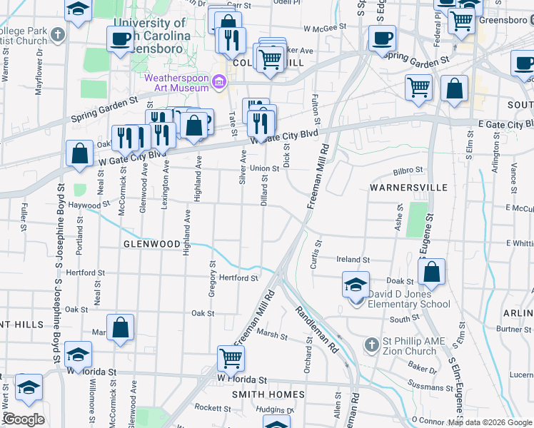 map of restaurants, bars, coffee shops, grocery stores, and more near 907 Dillard Street in Greensboro
