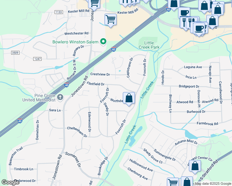 map of restaurants, bars, coffee shops, grocery stores, and more near 2 Worthdale Court in Winston-Salem