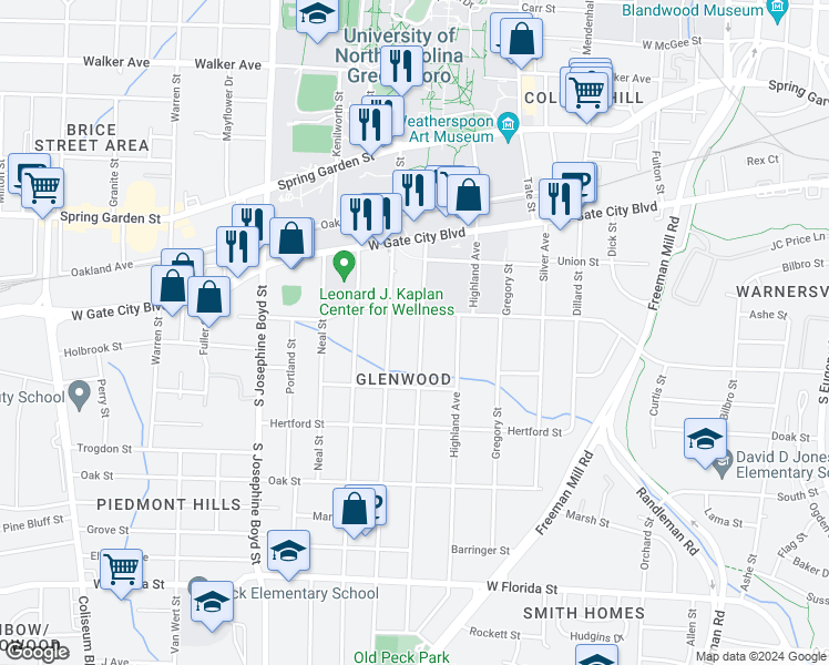 map of restaurants, bars, coffee shops, grocery stores, and more near 910 Lexington Avenue in Greensboro
