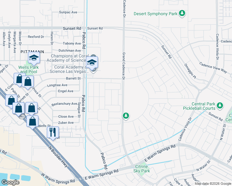 map of restaurants, bars, coffee shops, grocery stores, and more near 1400-1598 Pabco Road in Henderson
