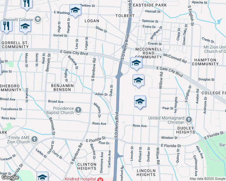 map of restaurants, bars, coffee shops, grocery stores, and more near 1119 Duke Street in Greensboro