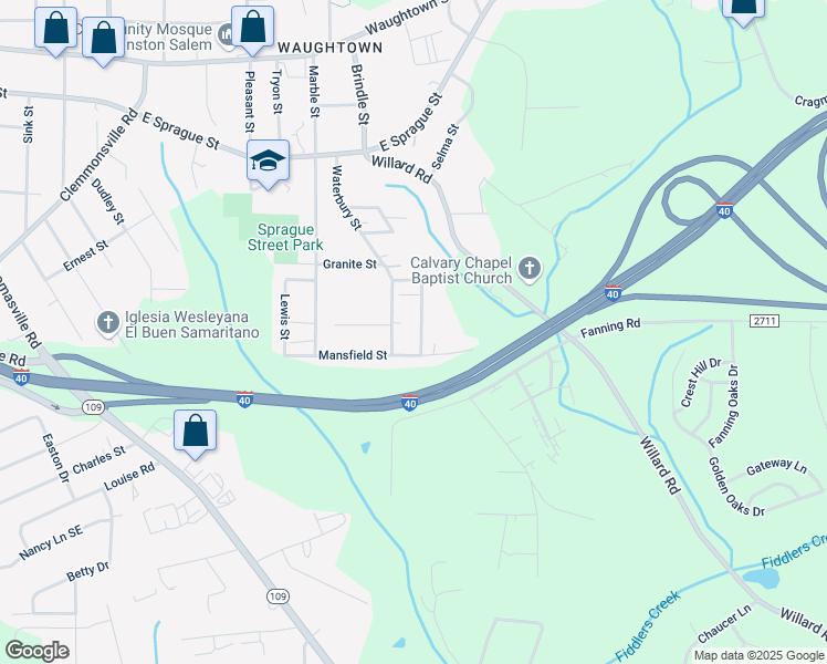 map of restaurants, bars, coffee shops, grocery stores, and more near 2536 Woodville Street in Winston-Salem
