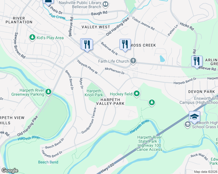 map of restaurants, bars, coffee shops, grocery stores, and more near 715 Harpeth Parkway West in Nashville