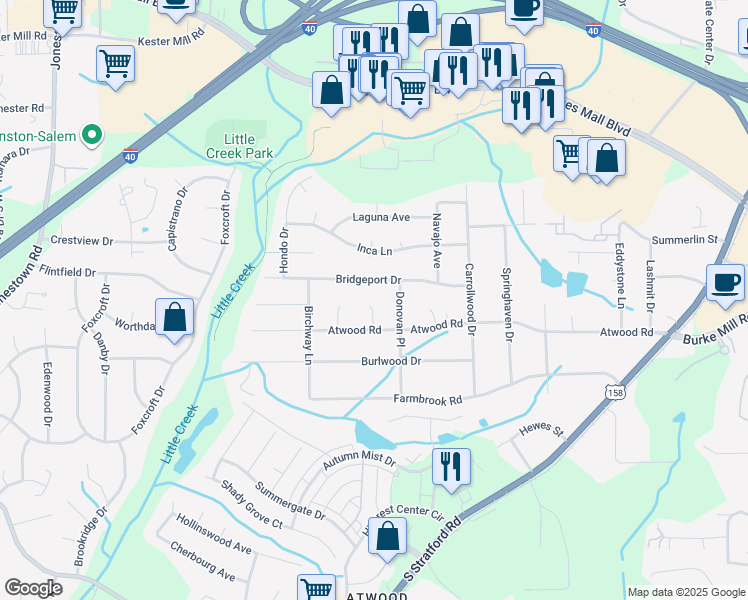 map of restaurants, bars, coffee shops, grocery stores, and more near 135 Harwick Place Court in Winston-Salem