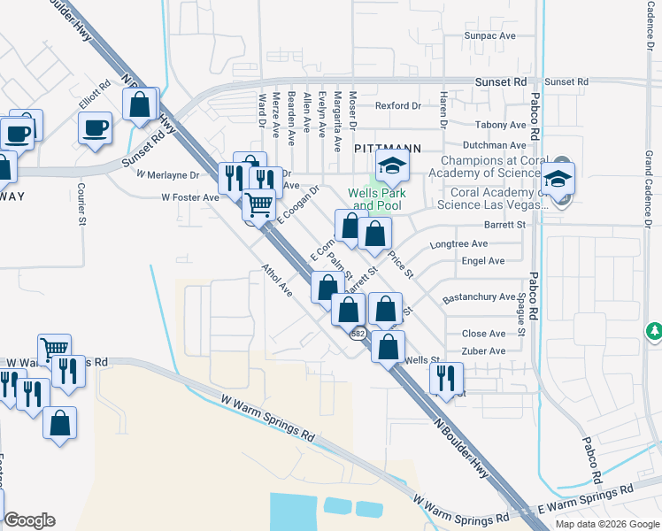 map of restaurants, bars, coffee shops, grocery stores, and more near 1533 Palm Street in Henderson