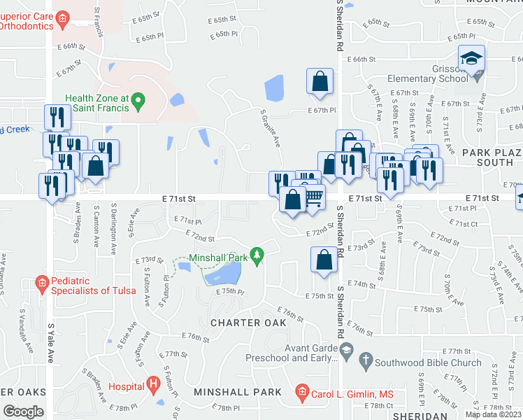 map of restaurants, bars, coffee shops, grocery stores, and more near 6022 East 71st Street in Tulsa