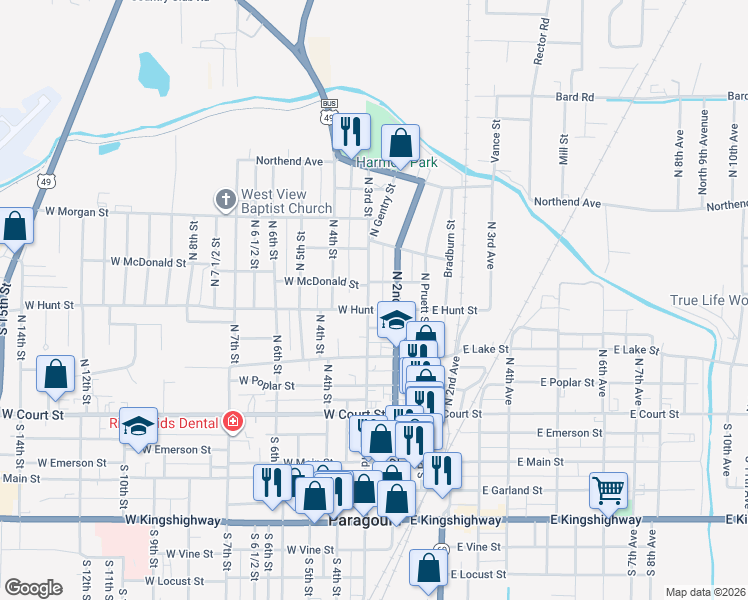 map of restaurants, bars, coffee shops, grocery stores, and more near 311 West Hunt Street in Paragould
