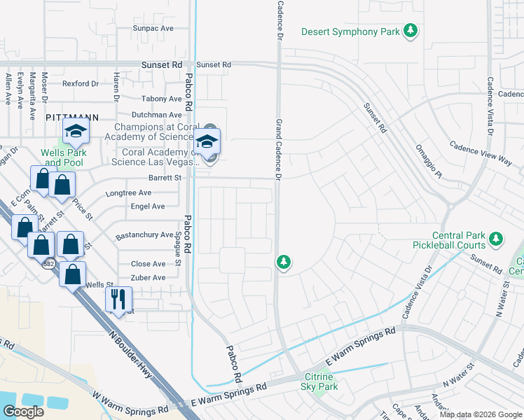 map of restaurants, bars, coffee shops, grocery stores, and more near 1400-1598 Pabco Road in Henderson