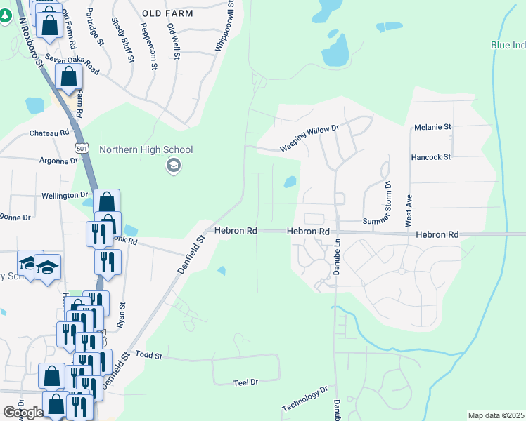 map of restaurants, bars, coffee shops, grocery stores, and more near 301 Hebron Road in Durham