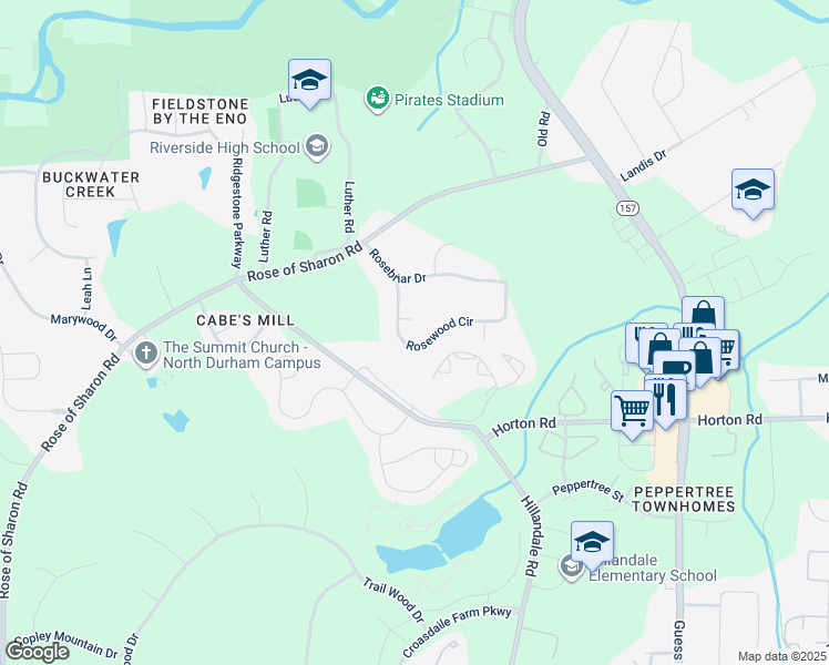 map of restaurants, bars, coffee shops, grocery stores, and more near 3054 Rosewood Circle in Durham