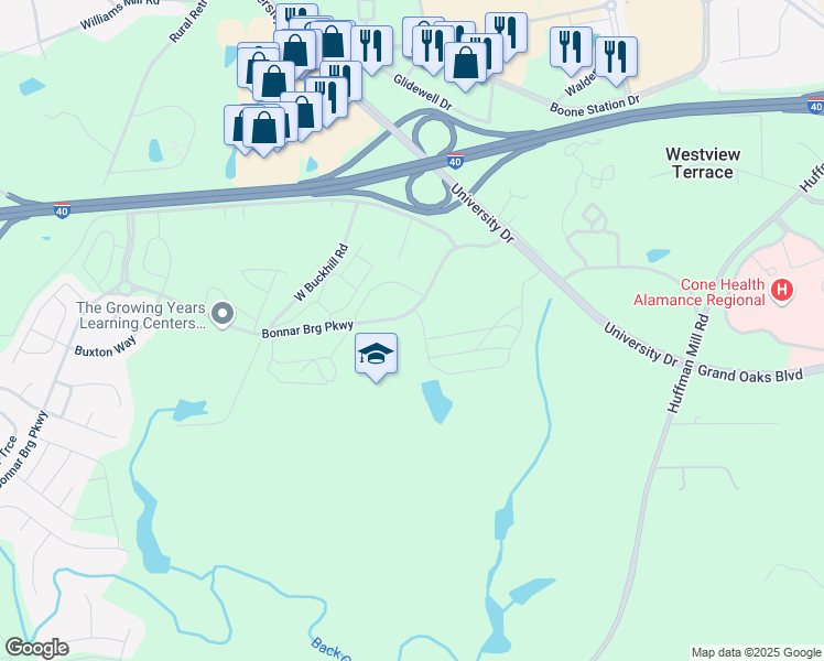 map of restaurants, bars, coffee shops, grocery stores, and more near 4210 Bonnar Bridge Road in Burlington