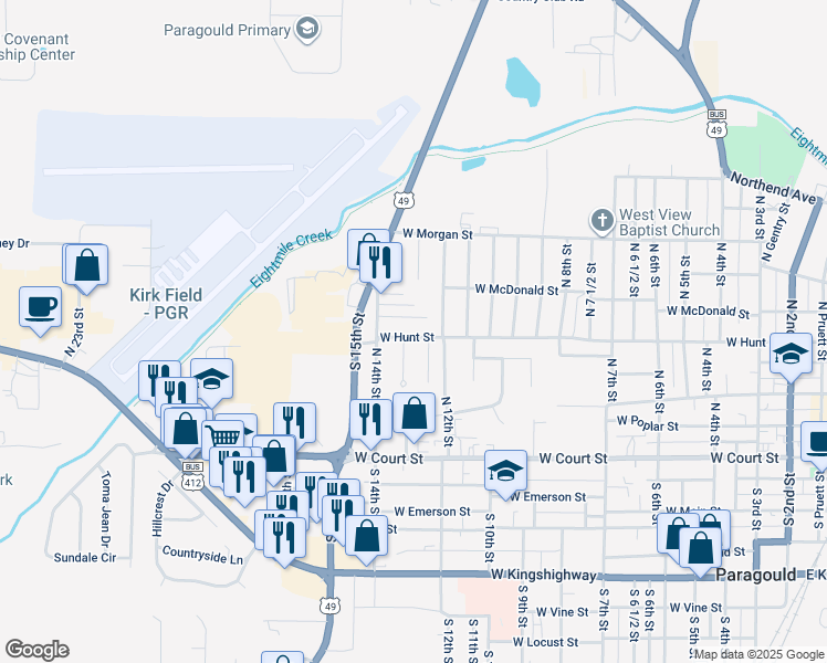 map of restaurants, bars, coffee shops, grocery stores, and more near 479 Taylor Street in Paragould