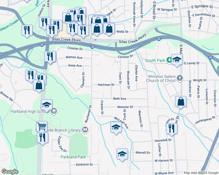 map of restaurants, bars, coffee shops, grocery stores, and more near 2906 Cockerham Street in Winston-Salem