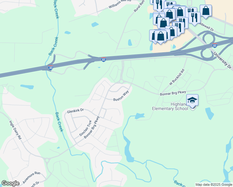 map of restaurants, bars, coffee shops, grocery stores, and more near 3962 Kincade Drive in Burlington