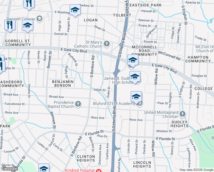 map of restaurants, bars, coffee shops, grocery stores, and more near 1119 Duke Street in Greensboro