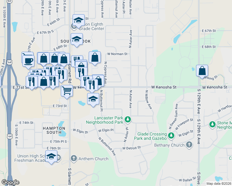 map of restaurants, bars, coffee shops, grocery stores, and more near 4413 West Joliet Street in Broken Arrow