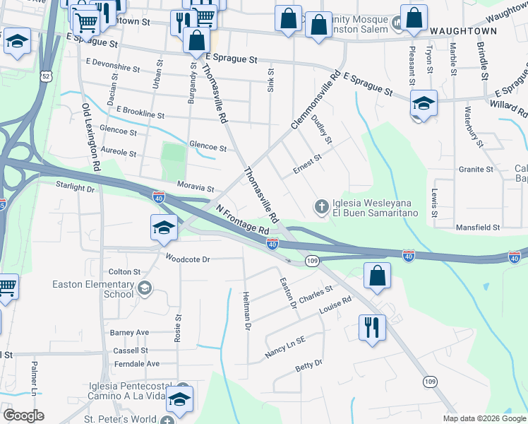 map of restaurants, bars, coffee shops, grocery stores, and more near 2924 Thomasville Road in Winston-Salem