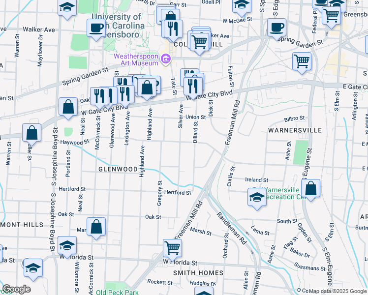 map of restaurants, bars, coffee shops, grocery stores, and more near 905 Silver Avenue in Greensboro
