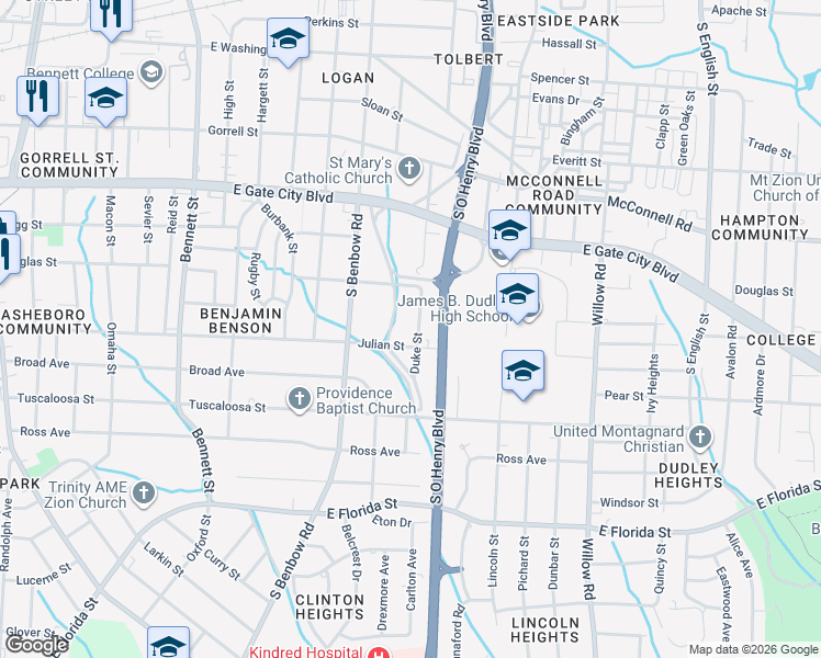 map of restaurants, bars, coffee shops, grocery stores, and more near 1119 Duke Street in Greensboro