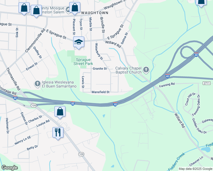 map of restaurants, bars, coffee shops, grocery stores, and more near 1650 Radcliff Street in Winston-Salem