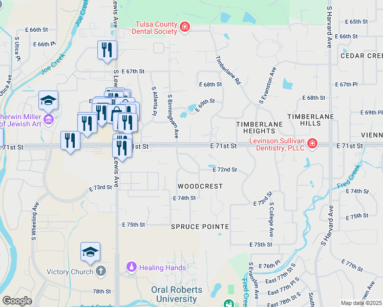 map of restaurants, bars, coffee shops, grocery stores, and more near 2616 East 71st Place in Tulsa