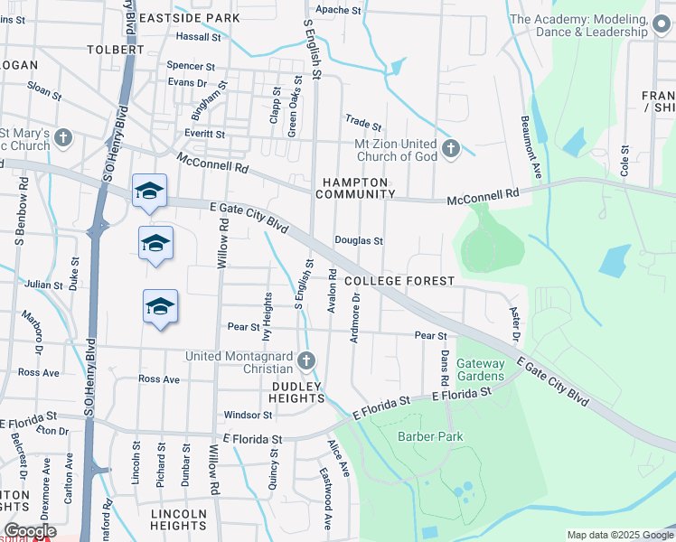 map of restaurants, bars, coffee shops, grocery stores, and more near 1203 Avalon Road in Greensboro