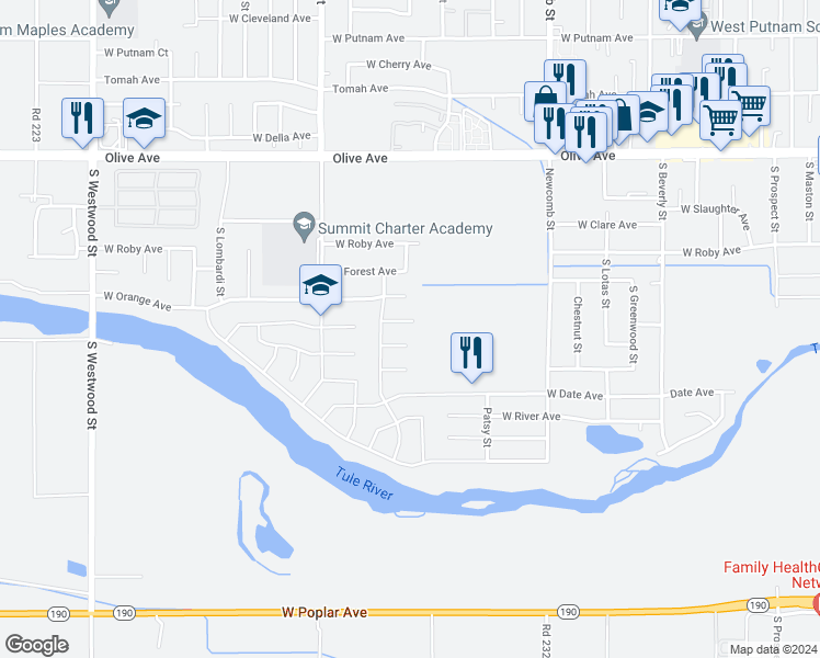 map of restaurants, bars, coffee shops, grocery stores, and more near 1857 Union Lane in Porterville