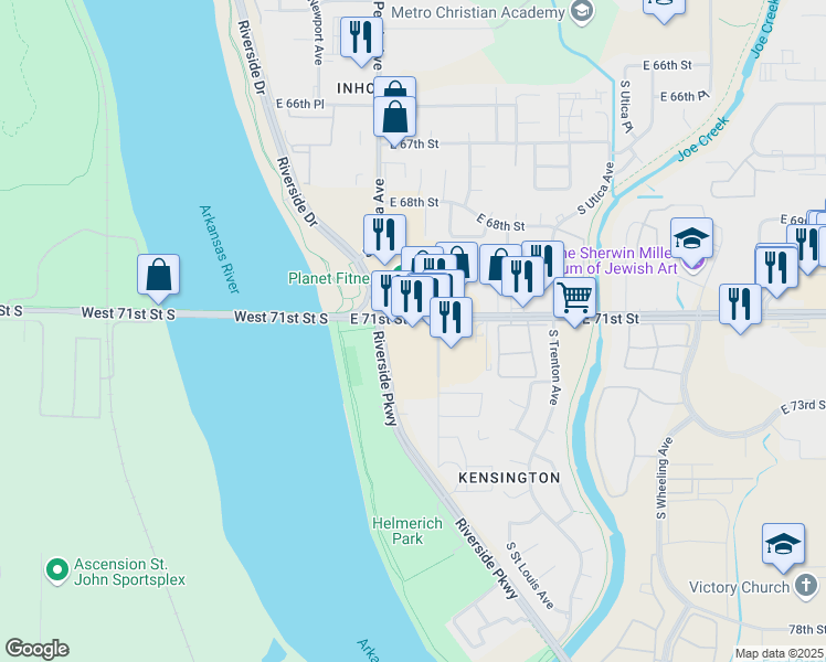 map of restaurants, bars, coffee shops, grocery stores, and more near 1330 East 71st Street in Tulsa