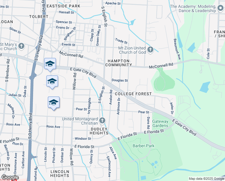 map of restaurants, bars, coffee shops, grocery stores, and more near 1203 Avalon Road in Greensboro