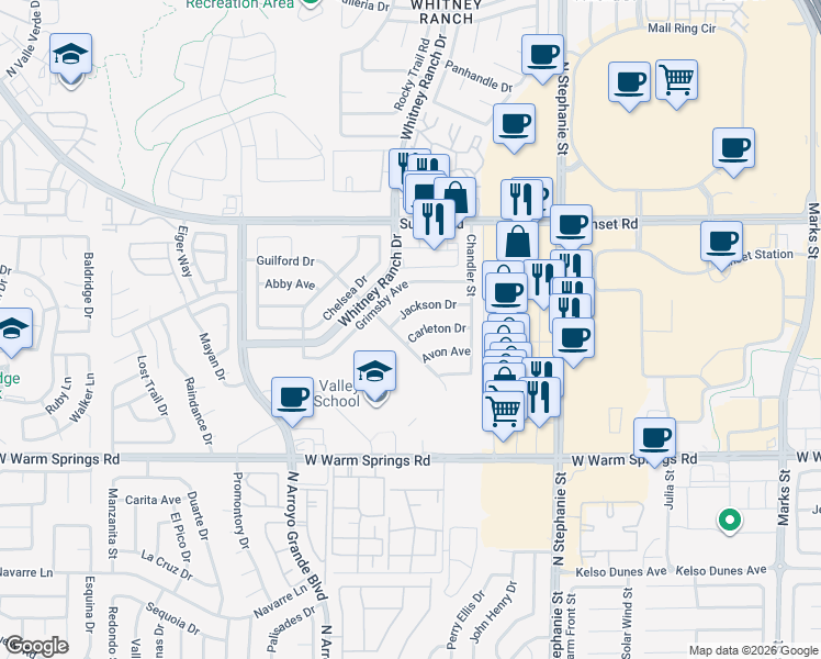 map of restaurants, bars, coffee shops, grocery stores, and more near 581 Carleton Drive in Henderson