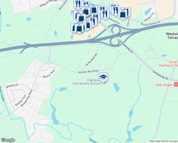 map of restaurants, bars, coffee shops, grocery stores, and more near Bonnar Bridge Road in Burlington