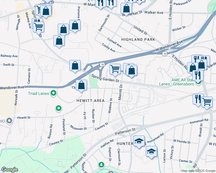map of restaurants, bars, coffee shops, grocery stores, and more near 3808 Clifton Road in Greensboro