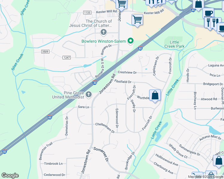 map of restaurants, bars, coffee shops, grocery stores, and more near 200 Pitcher Court in Winston-Salem