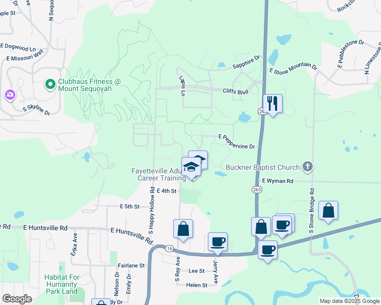map of restaurants, bars, coffee shops, grocery stores, and more near 207 South Woodsprings Drive in Fayetteville