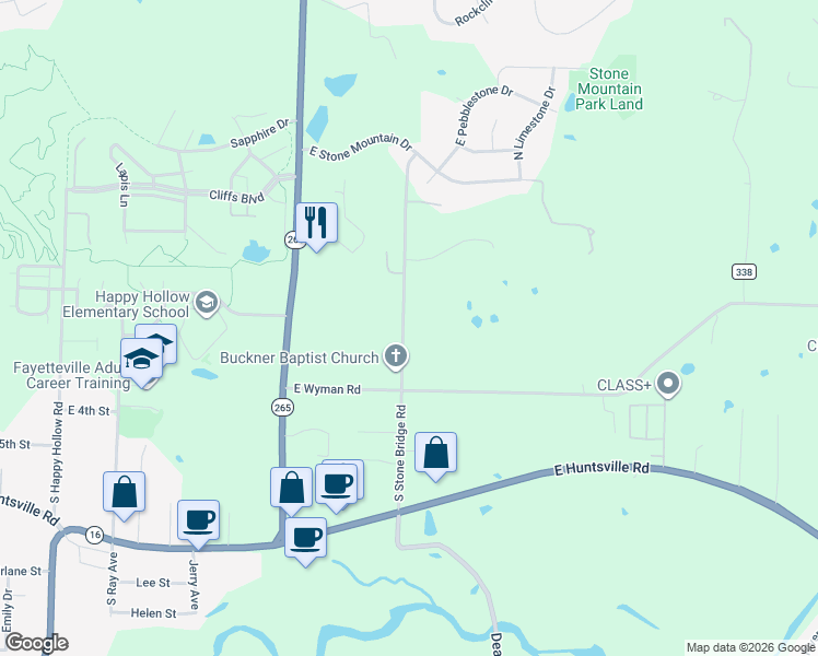 map of restaurants, bars, coffee shops, grocery stores, and more near 180 South Stone Bridge Road in Fayetteville