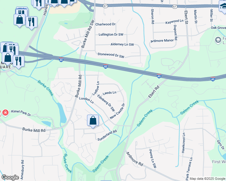 map of restaurants, bars, coffee shops, grocery stores, and more near 2122 Leeds Lane in Winston-Salem