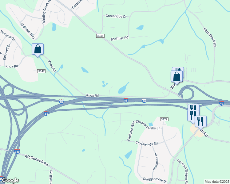 map of restaurants, bars, coffee shops, grocery stores, and more near 1048 Knox Road in Greensboro