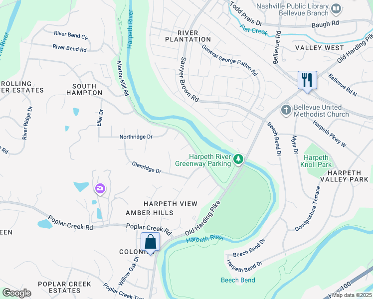 map of restaurants, bars, coffee shops, grocery stores, and more near 1205 Harpeth Lake Court in Nashville