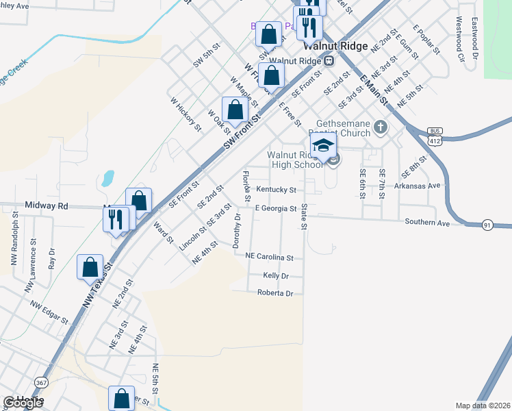 map of restaurants, bars, coffee shops, grocery stores, and more near 318 East Georgia Street in Walnut Ridge