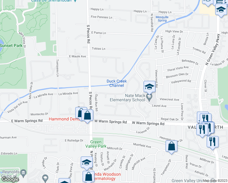 map of restaurants, bars, coffee shops, grocery stores, and more near 105 Quail Run Road in Henderson