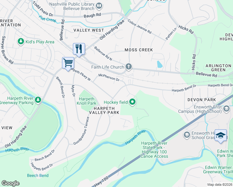 map of restaurants, bars, coffee shops, grocery stores, and more near 708 Harpeth Parkway West in Nashville